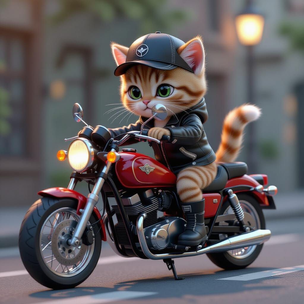 Biker Kitten on Motorcycle in Anime Style
