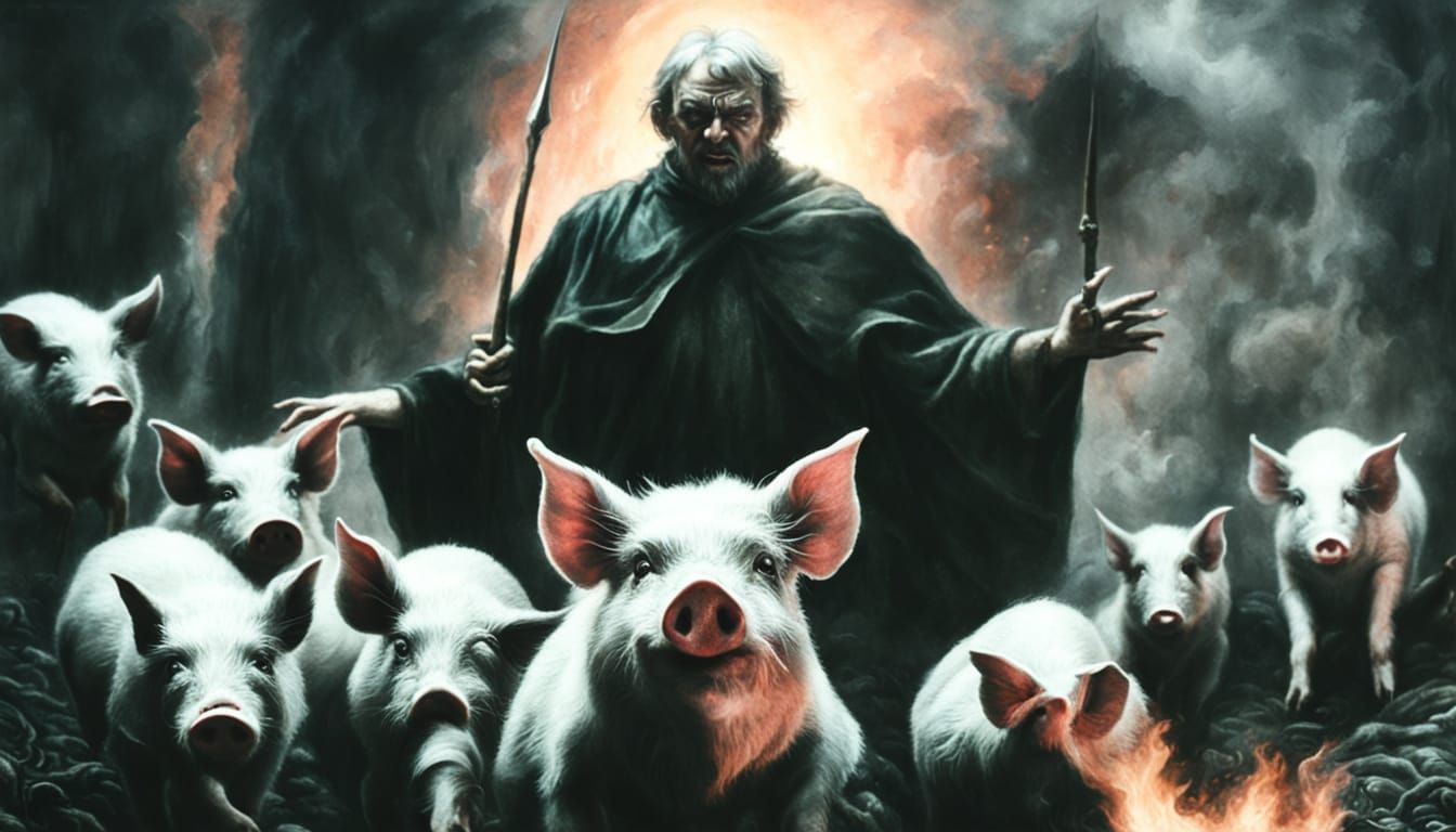 Satan Surrounded by Pigs in Dark Fantasy Art