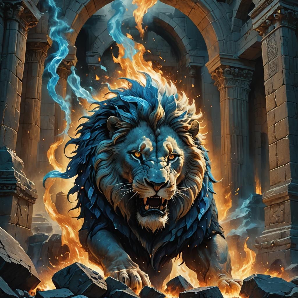 Blue Fire Lion Roaring in Ancient Ruins