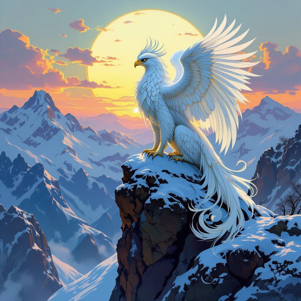 Griffin on Snowy Peak in Art Nouveau Style