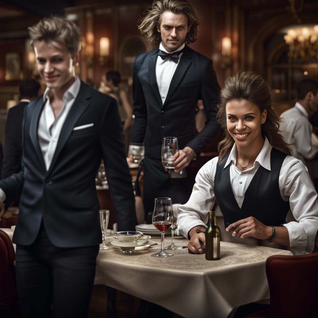 Hyperrealistic Restaurant Scene: Woman, Boy, and Waiter