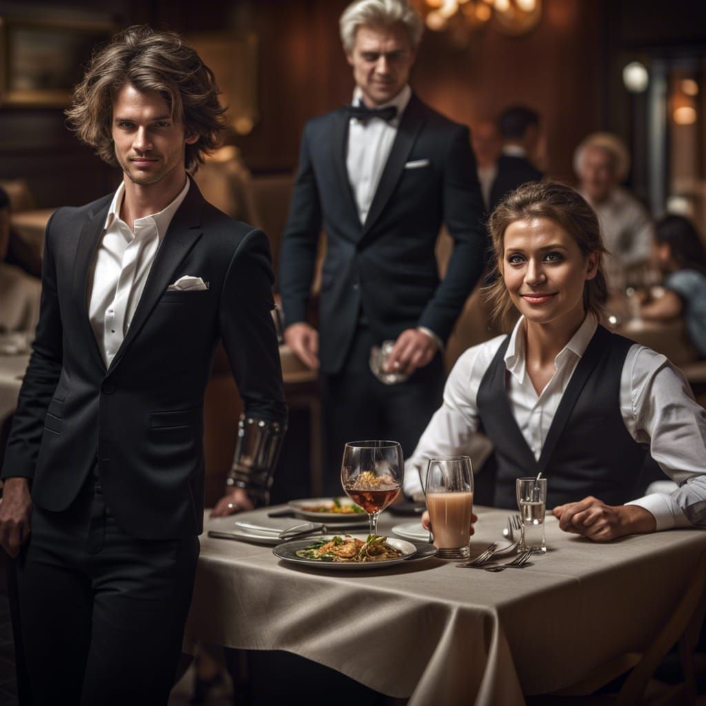 Hyperrealistic Restaurant Scene with Woman and Boy
