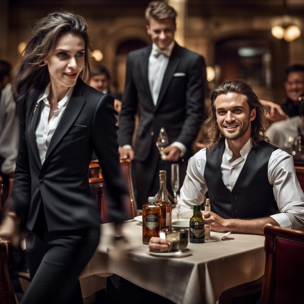 Hyperrealistic Restaurant Scene: Angry Woman and Elegant Boy