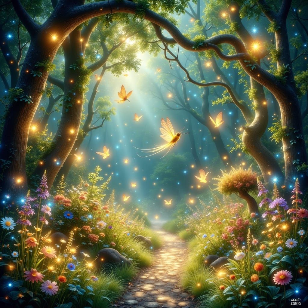 Enchanted Garden with Golden Light and Fae Creatures
