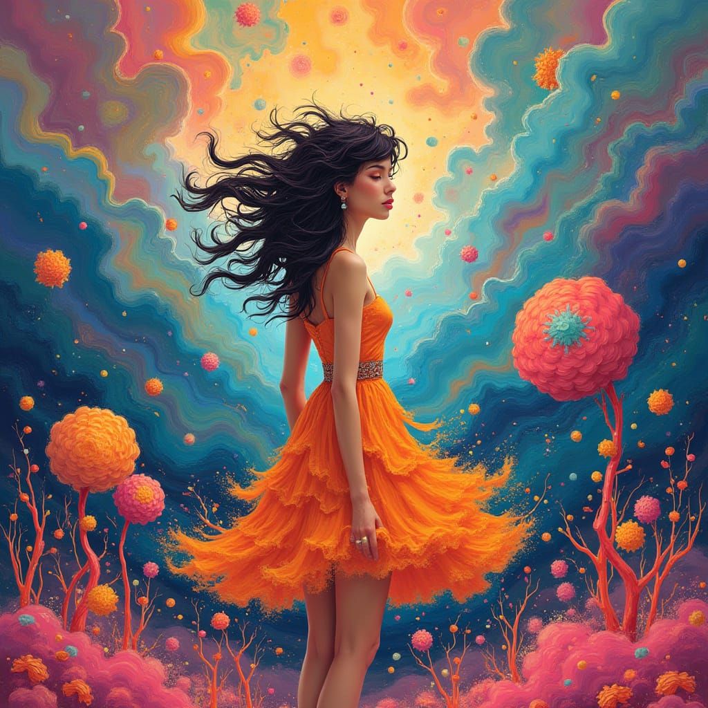 Whimsical Woman in Dreamlike Landscape, Digital Art