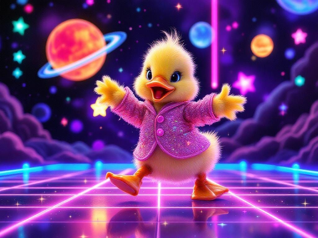 Glitter Duck Dances on Galaxy Floor in Neon Style