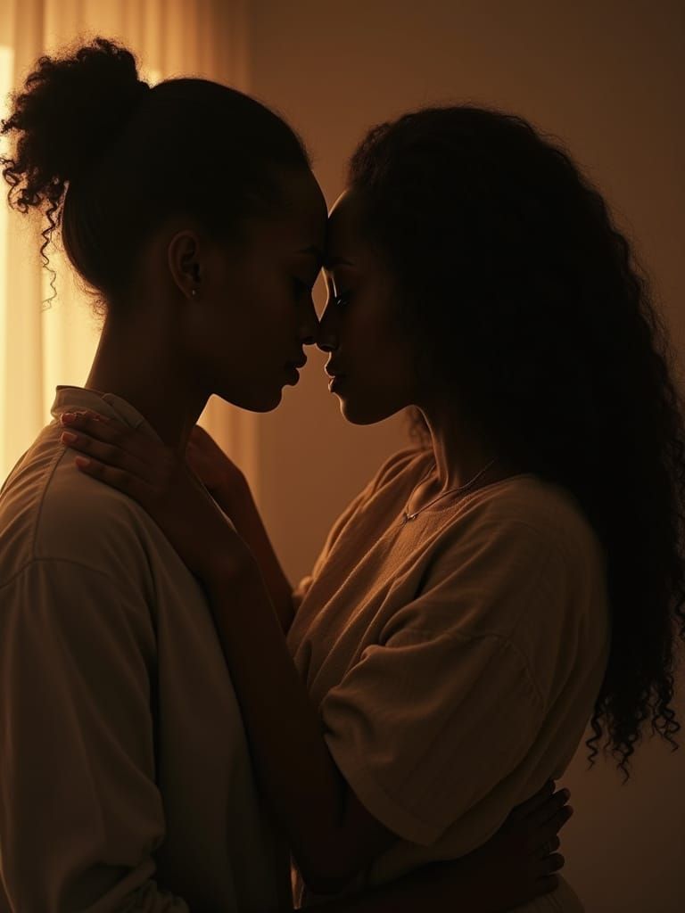 Emotional Black Lesbian Couple in Sepia and Contrast