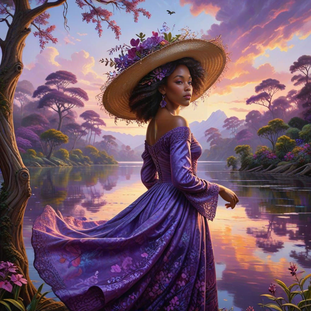 Enchanting Violet Landscape with Elegant Woman