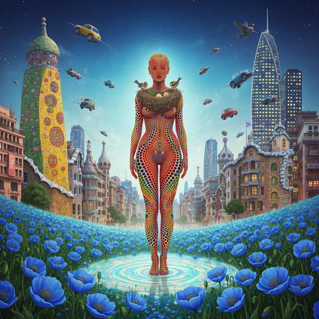 Blue Figure in Poppy Field with Swirling Energy