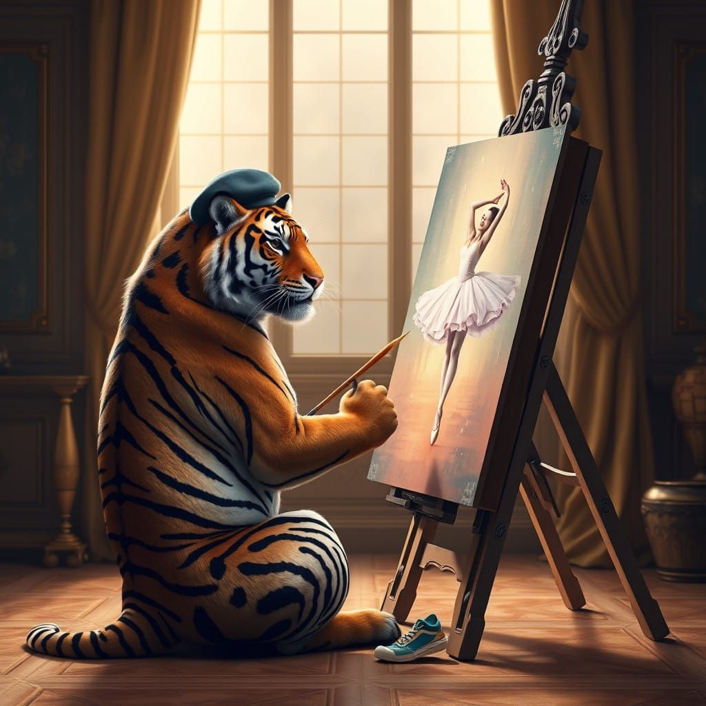 Fantasy Tiger Painter Creates Whimsical Ballerina Portrait