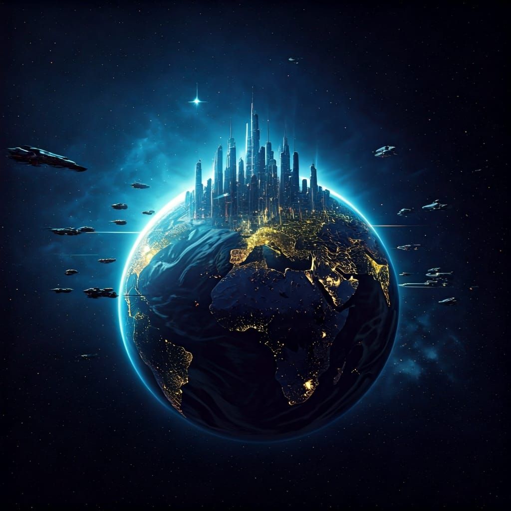 Futuristic Earth with Neon Cities in Oil Painting Style