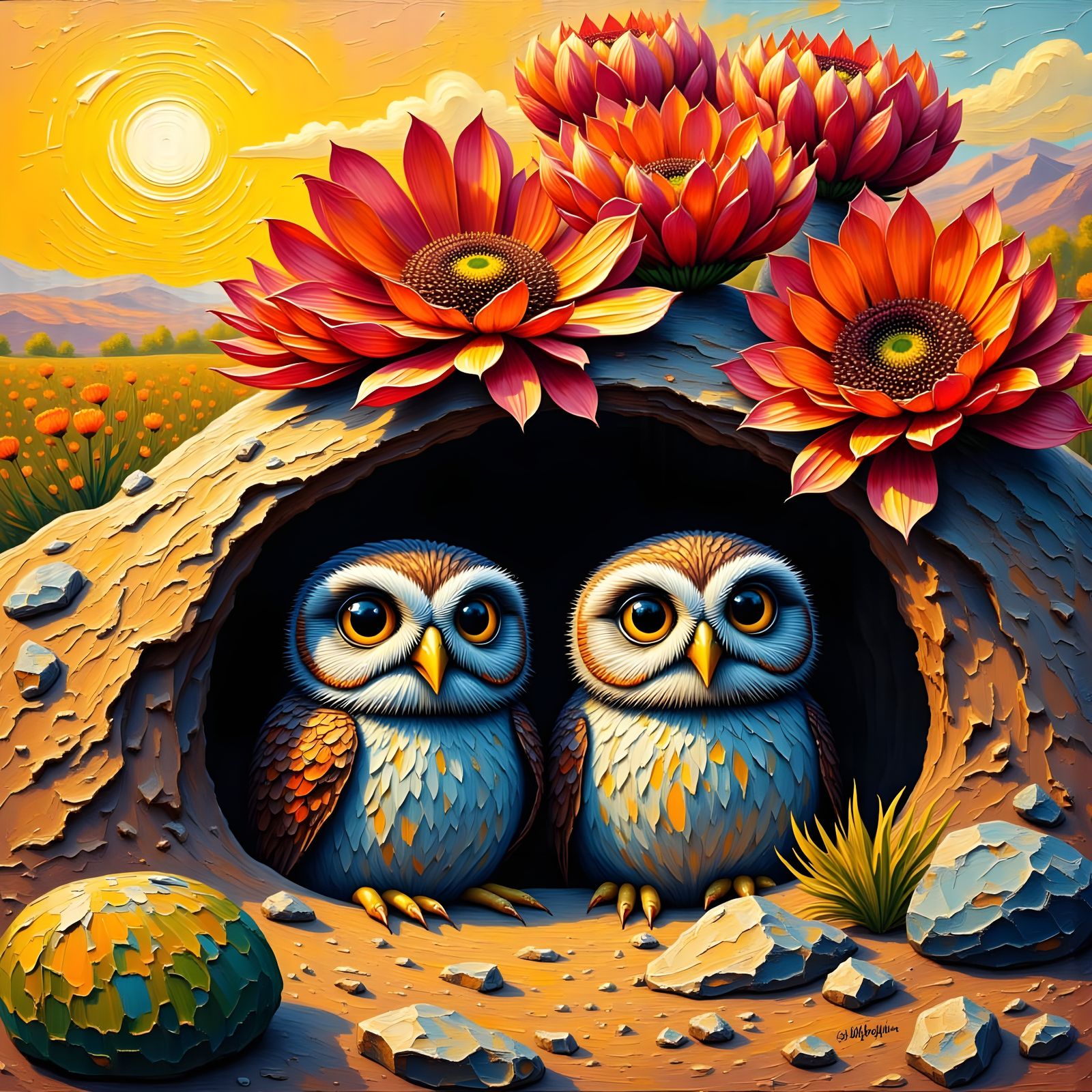Impasto Oil Painting of Burrowing Owls at Sunset