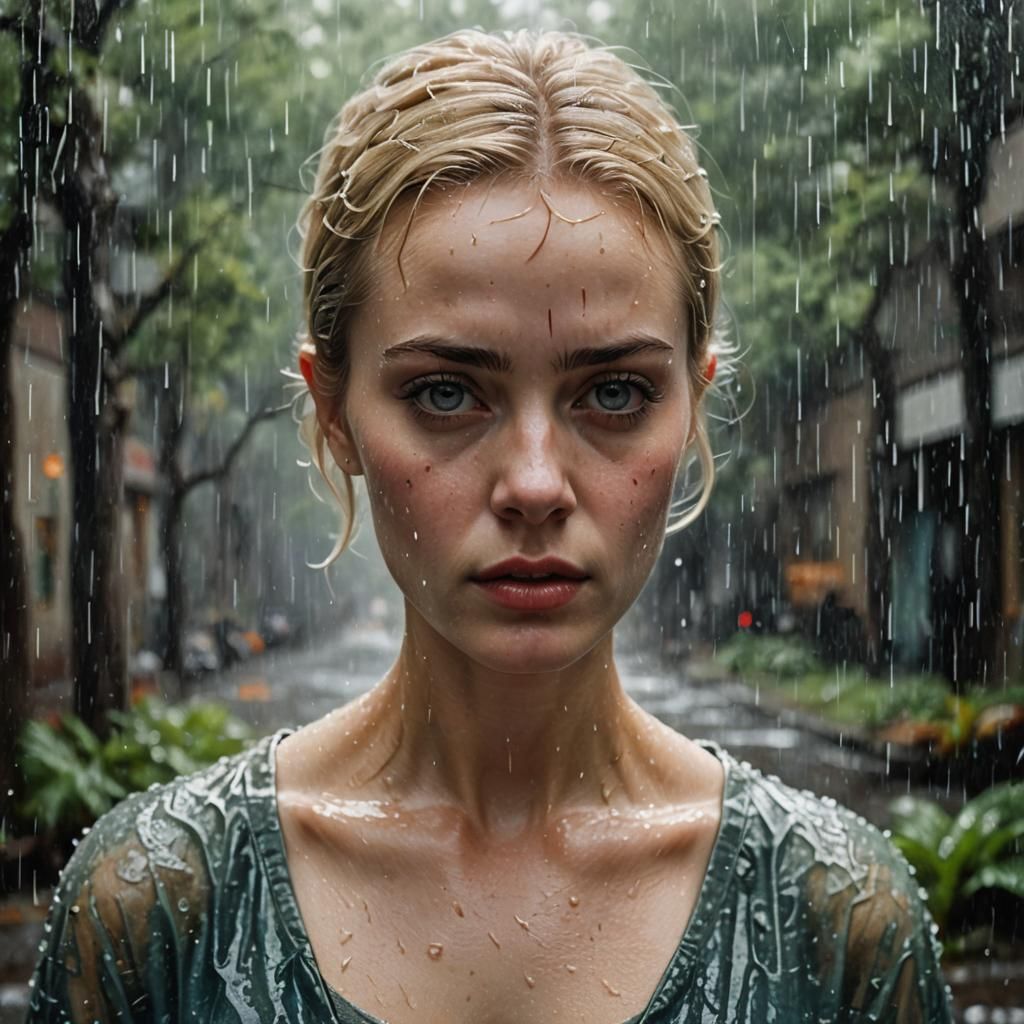 Hyperrealistic Portrait of Girl in Heavy Rain