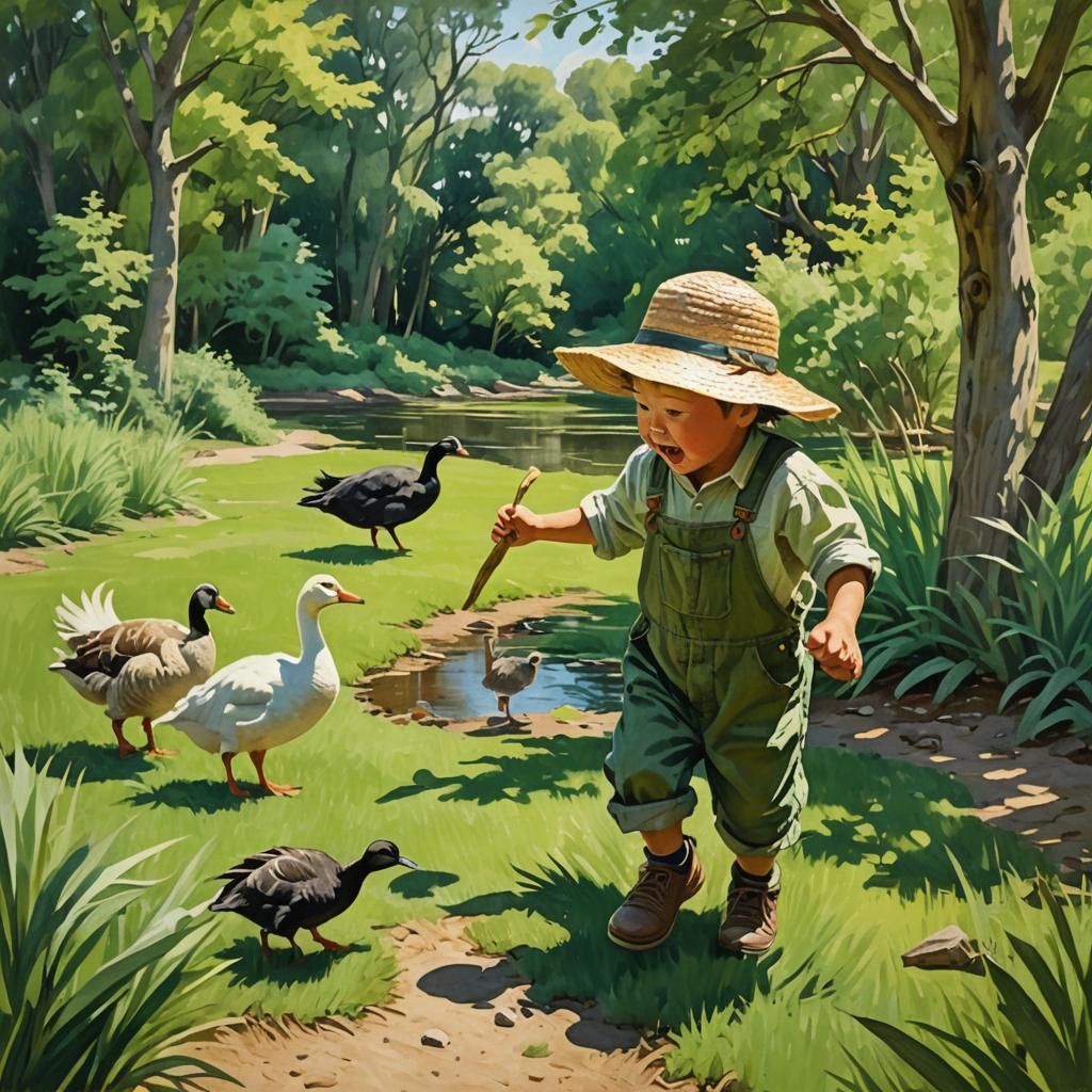Boy Chases Goose: Naive Impasto Oil Painting