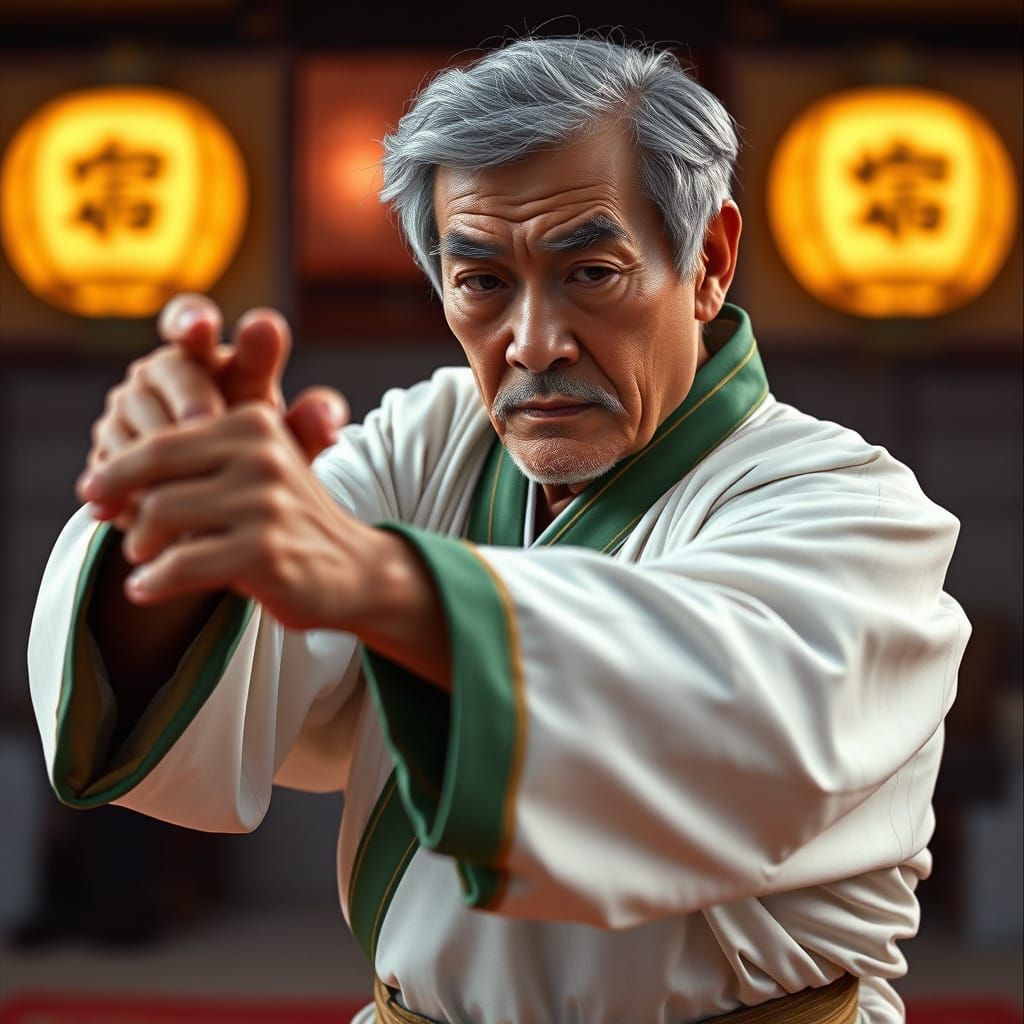 Elderly Asian Sensei Garmadon in Traditional Karate Stance