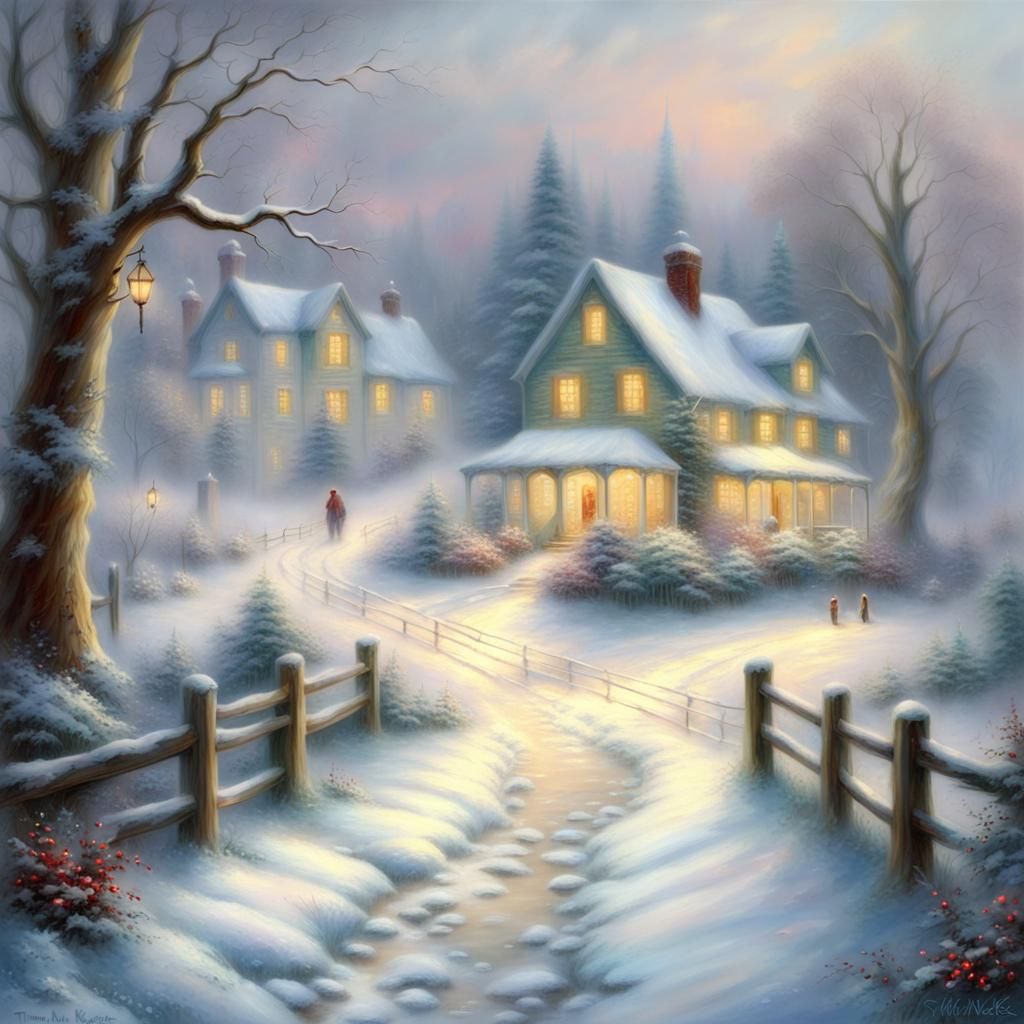 Ethereal Winter Countryside in Kinkade Style