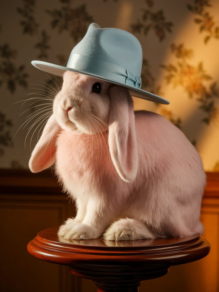 Pink Angora Rabbit in Fedora Hat