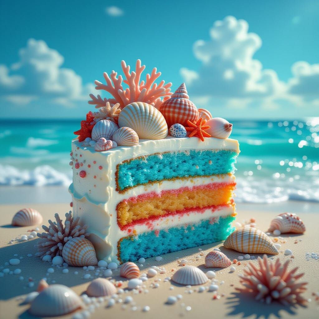 Coral Cake Slice on Beachscape in Digital Painting Style