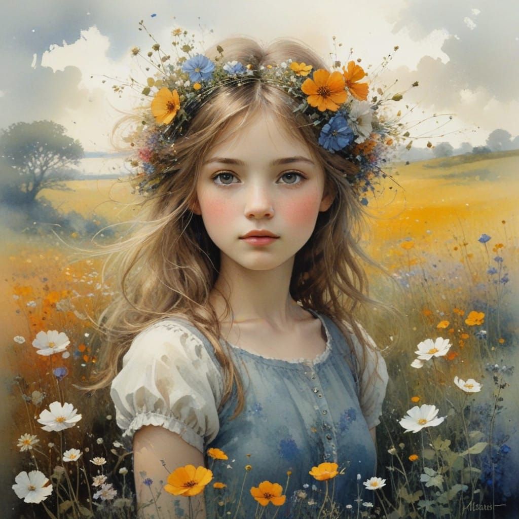 Girl in Blooming Flower Meadow Watercolor Painting