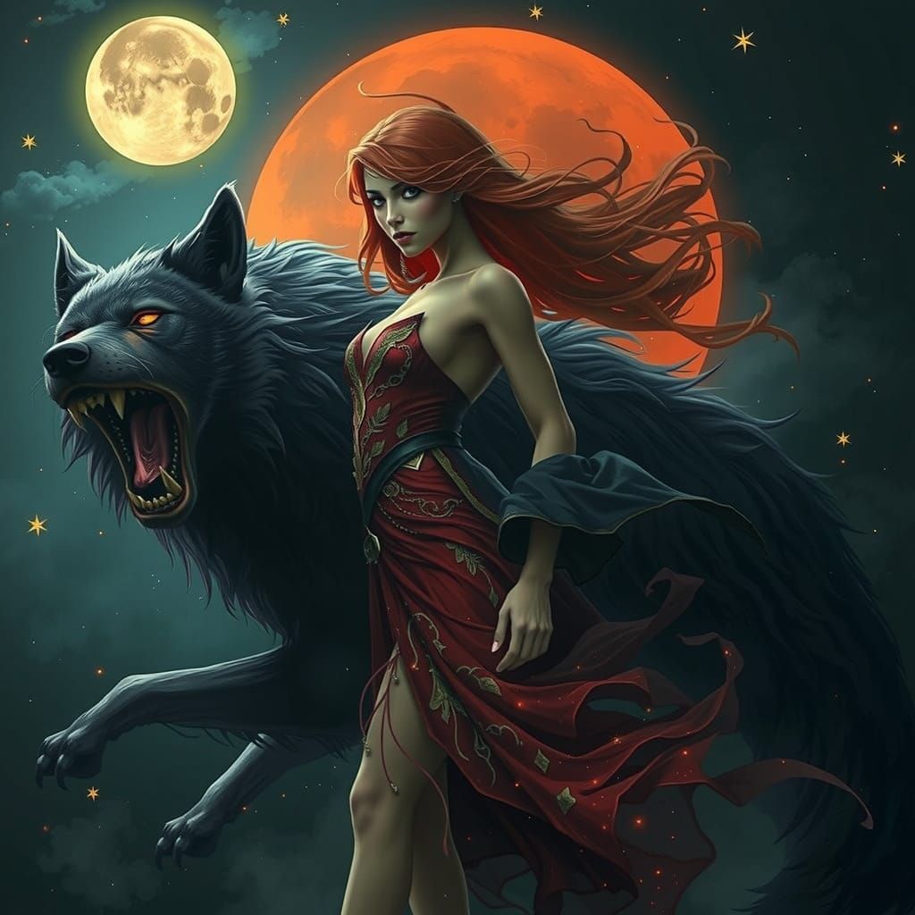 Woman in Crimson Gown Stands Confidently Before Full Moon