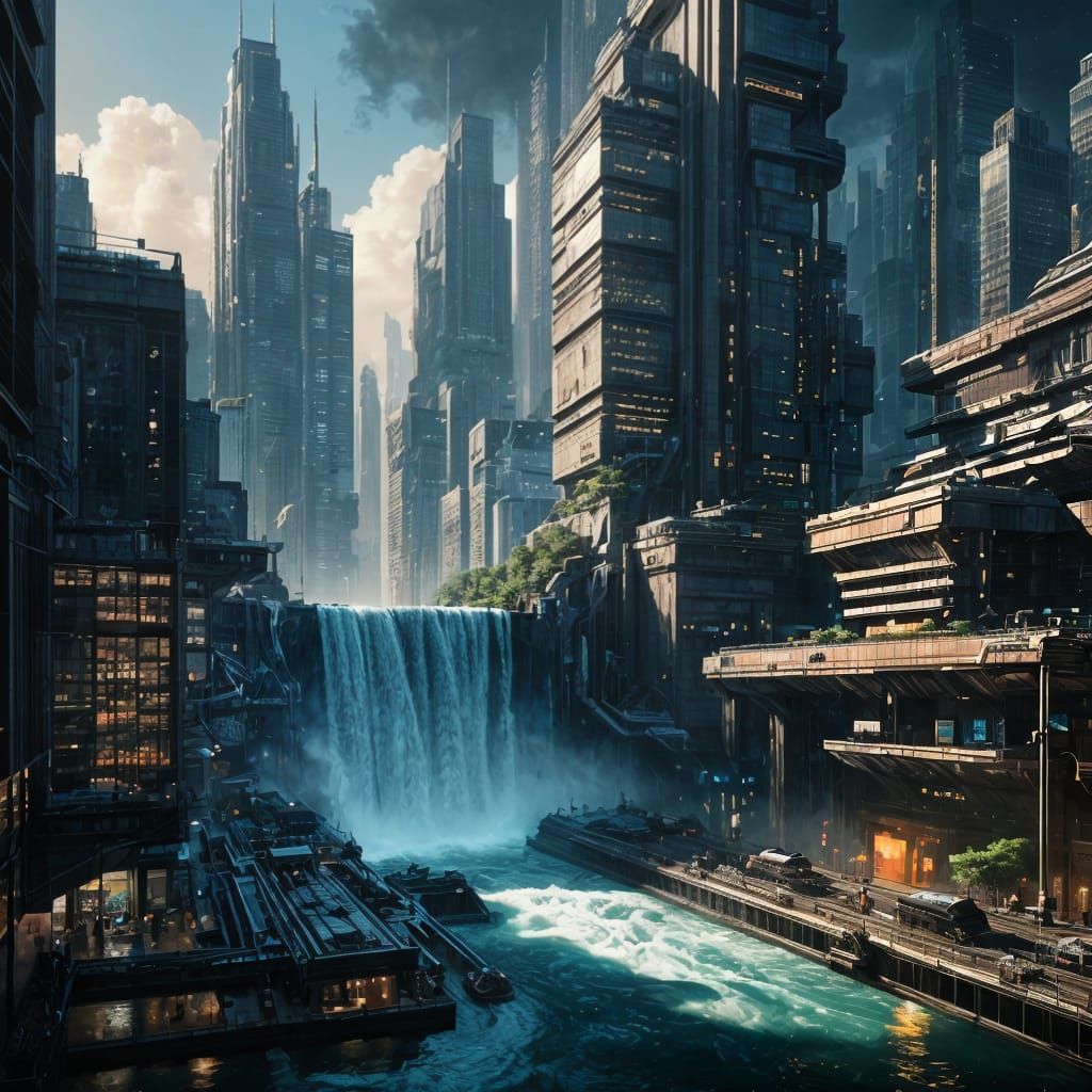 Waterfall Cascading Down Futuristic City Skyscraper