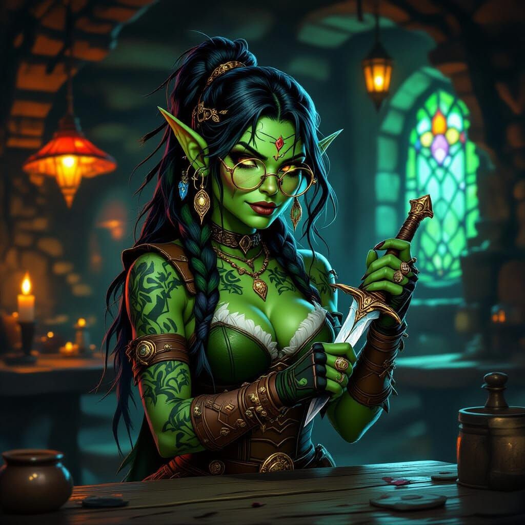 Green Goblin Rogue with Tattoos and Gold Glasses