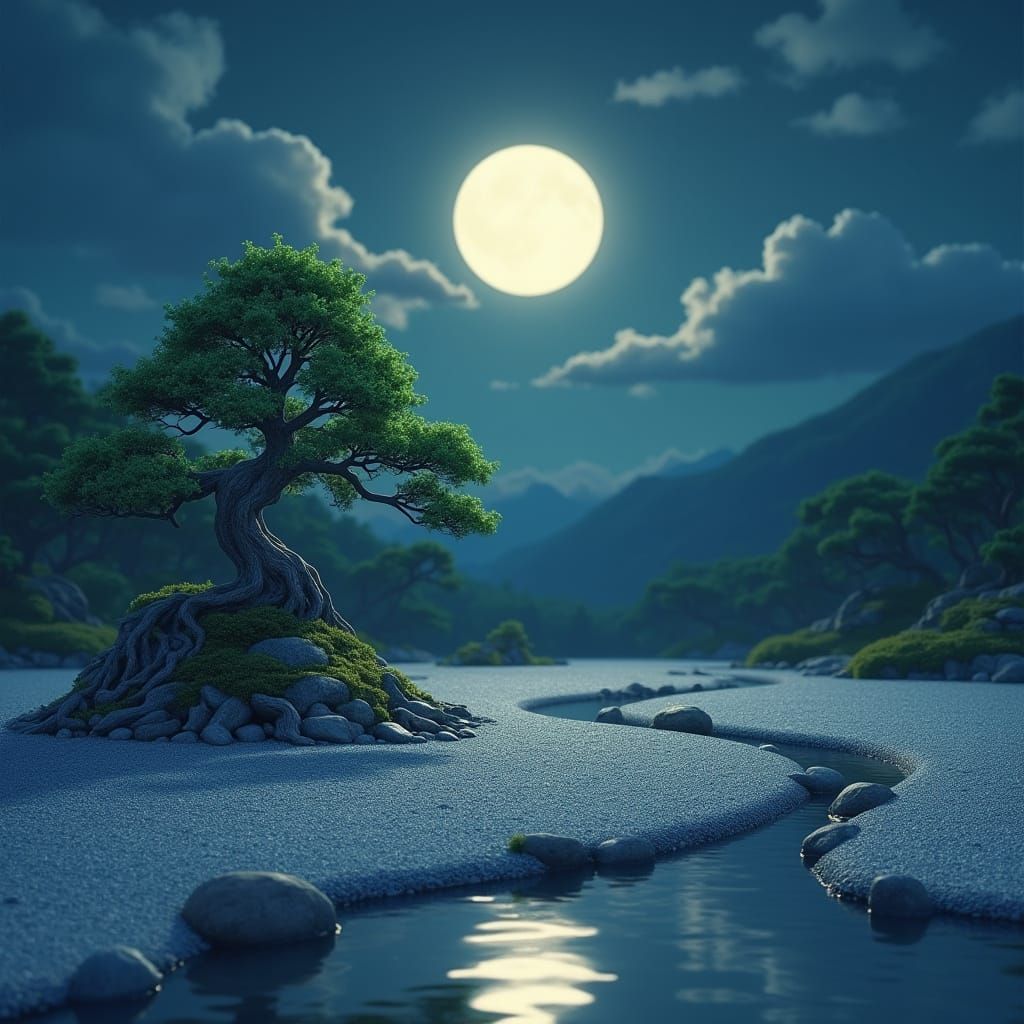 Serenely Shaded Japanese Zen Garden in Moonlit Beauty