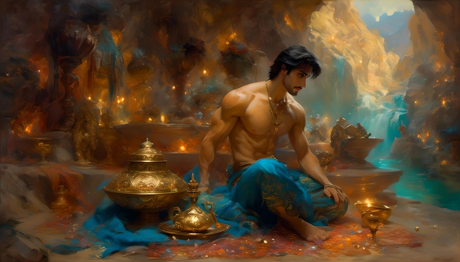 Aladdin in Gold Grotto, Orientalist Oil Painting