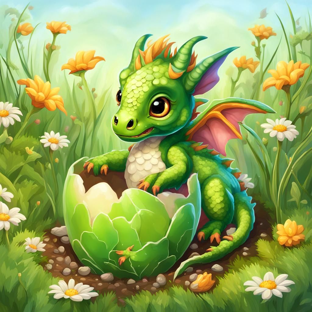 Baby Fairy Dragon Hatching in Meadow