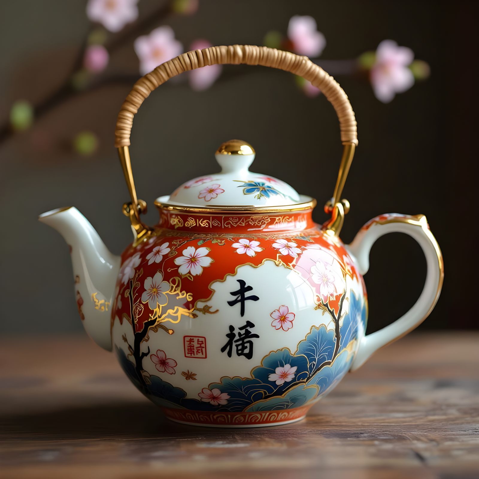 Japanese Teapot with Cherry Blossoms in Hokusai Style