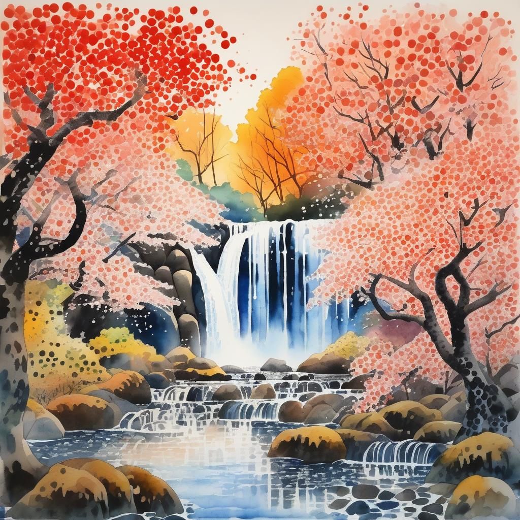 Watercolor Waterfall with Cherry Trees in Nihonga Style