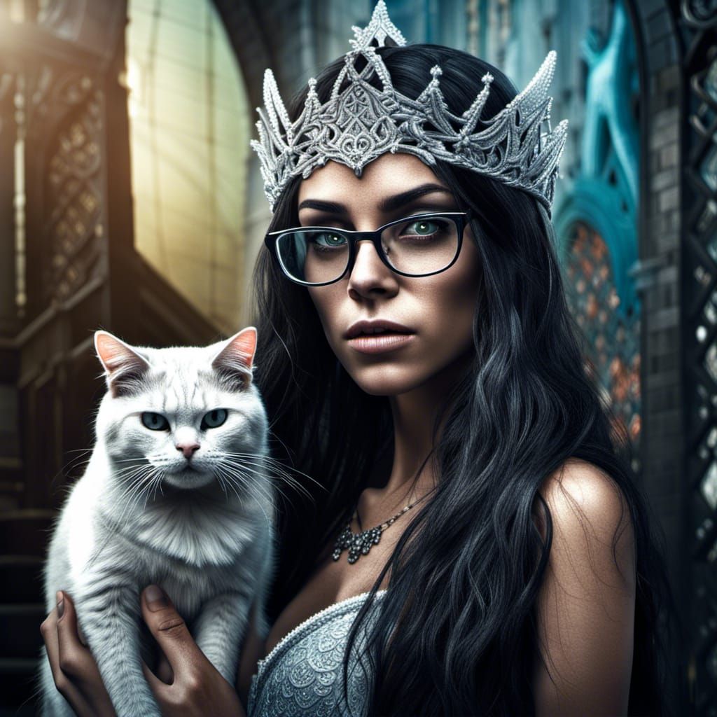 Brazilian Ice Witch with Cat, Hyperrealistic Portrait