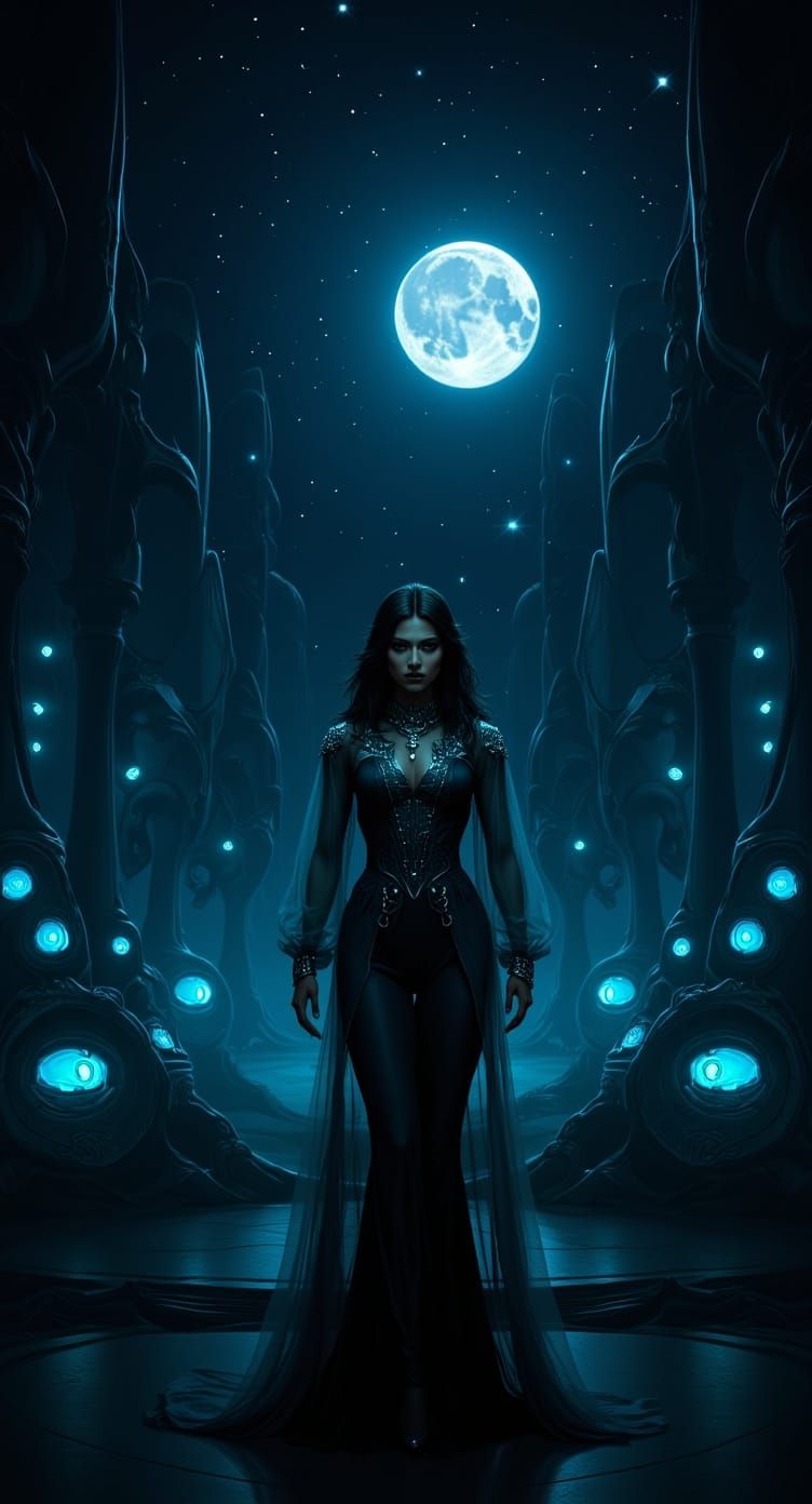 Futuristic Cityscape with Woman in Diaphanous Robes