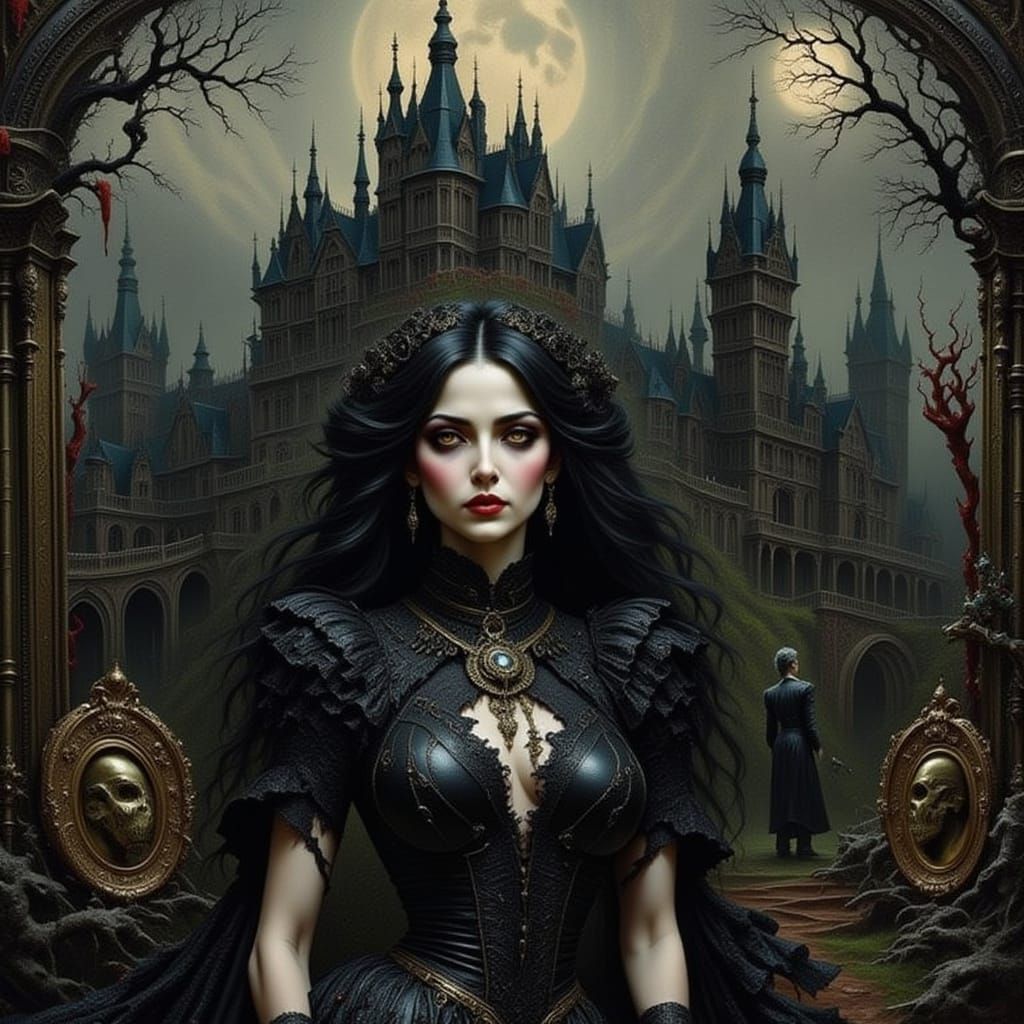 Gothic Beauty in a Mansion: Black and White Portrait