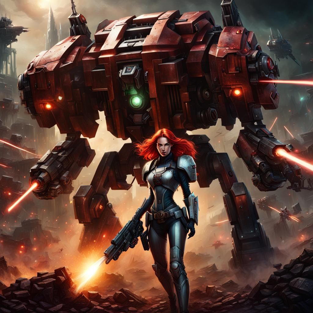 Redhead Warrior Battles Mech in Grimdark Landscape