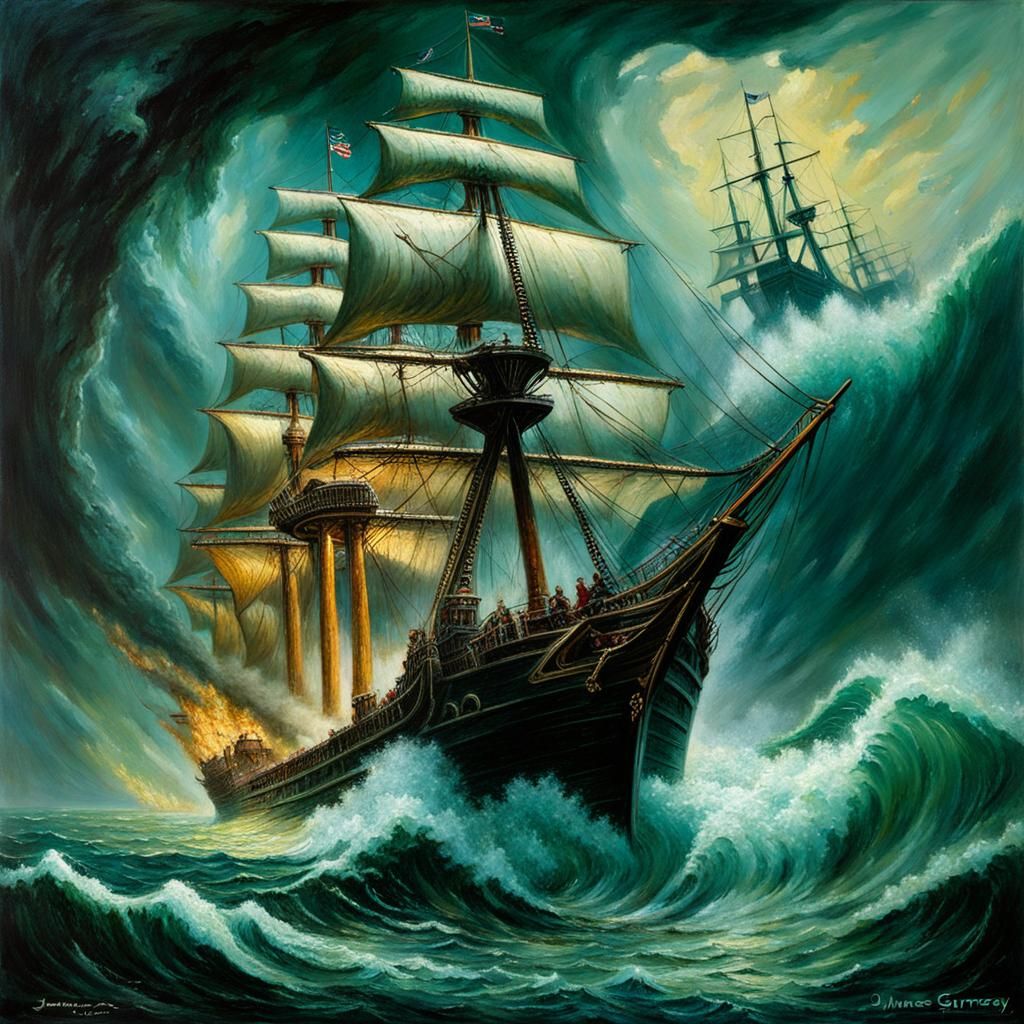 Kraken Attacks Victorian Ship: Horror Oil Painting