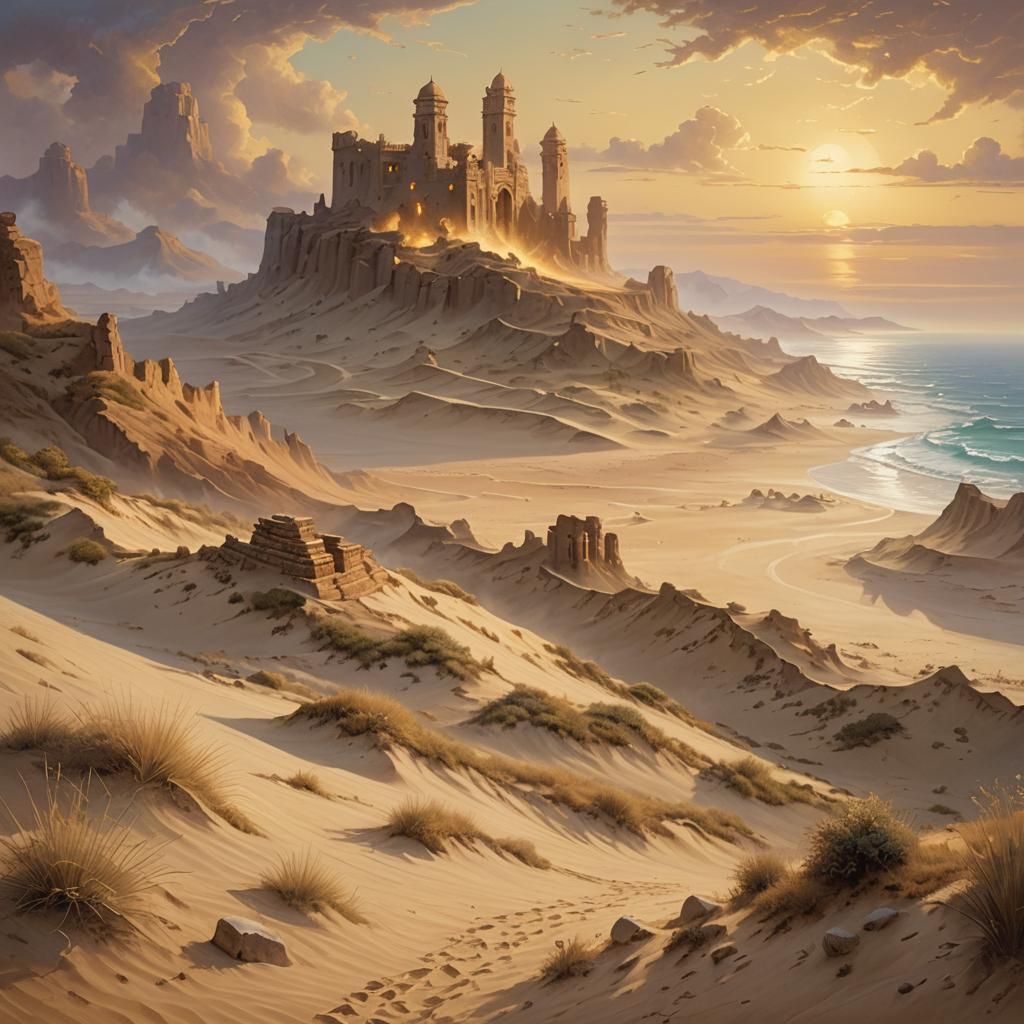 Ethereal Desert Landscape with Ancient Ruins