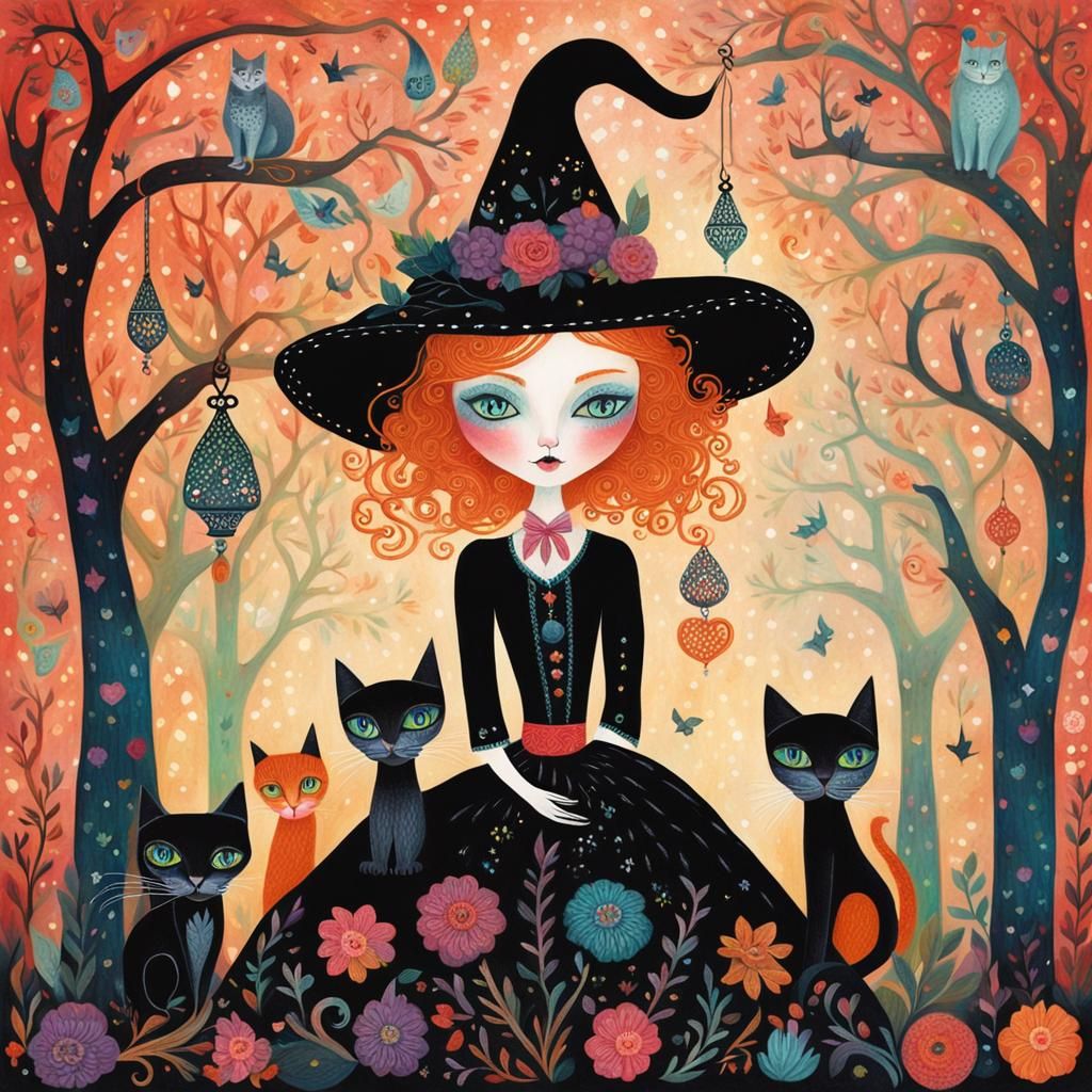Eerie Witch Portrait with Cats in Alebrije Style