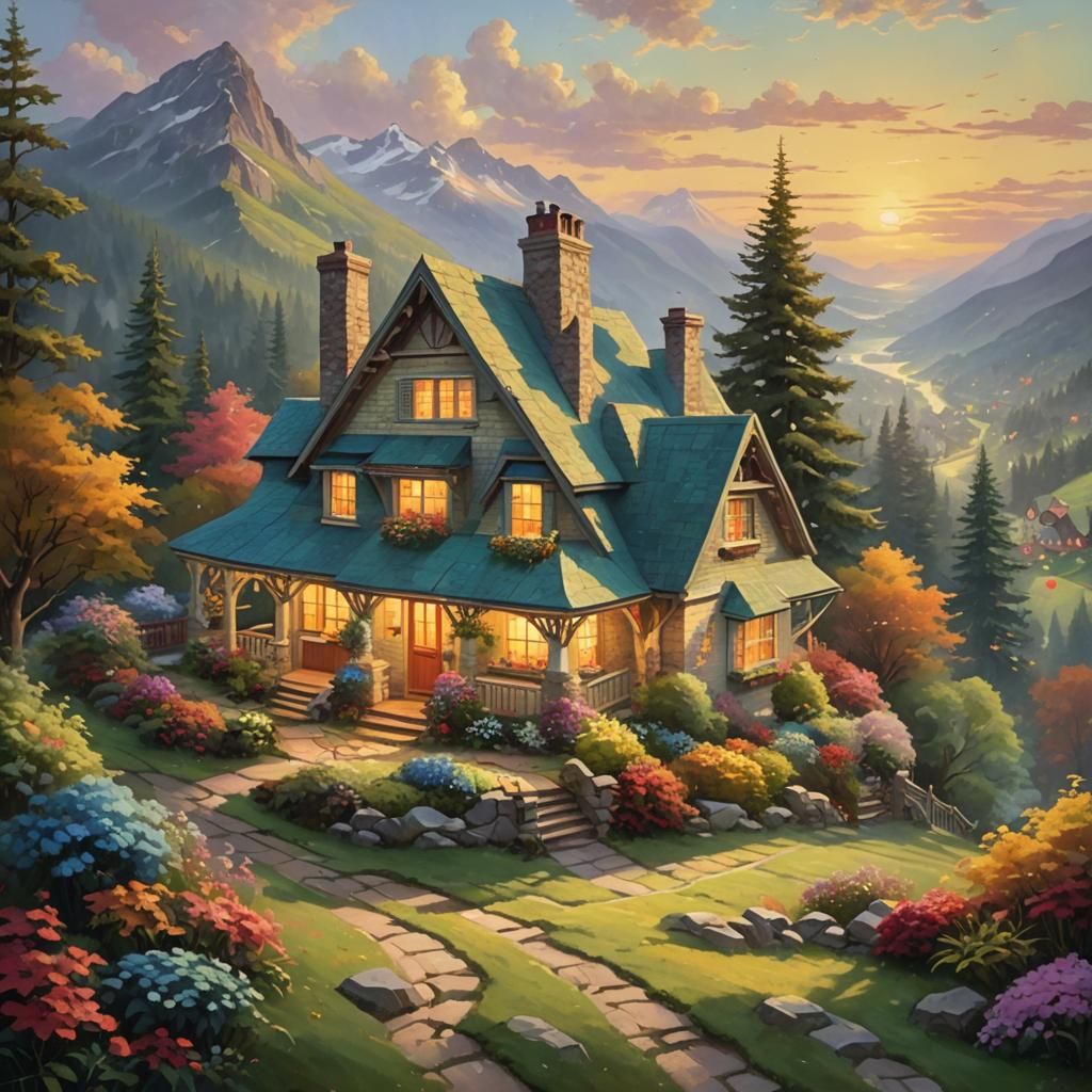 Mountain Cottage Oil Painting in Impressionist Style