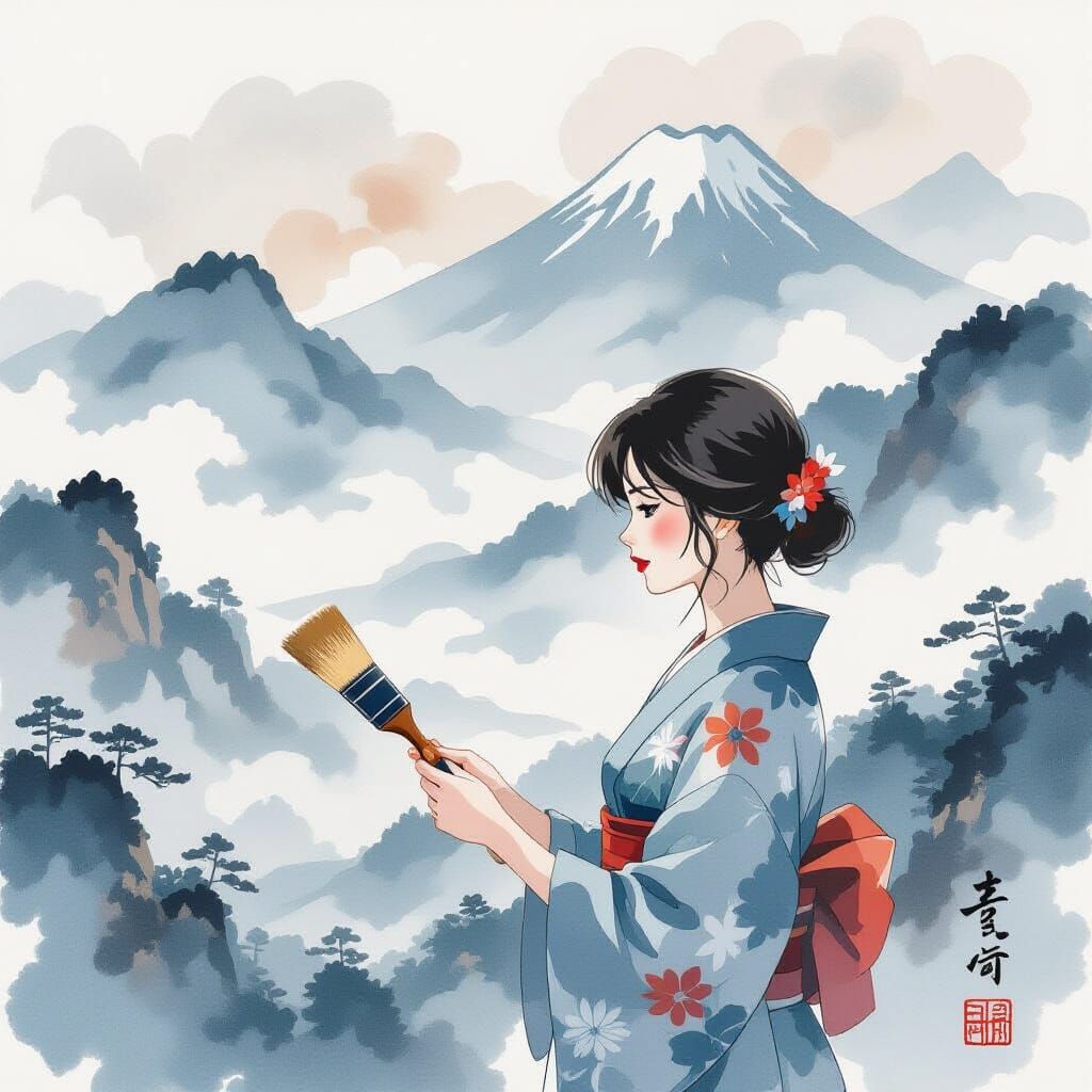 Misty Japanese Mountains: Brush Strokes & Watercolor Texture...