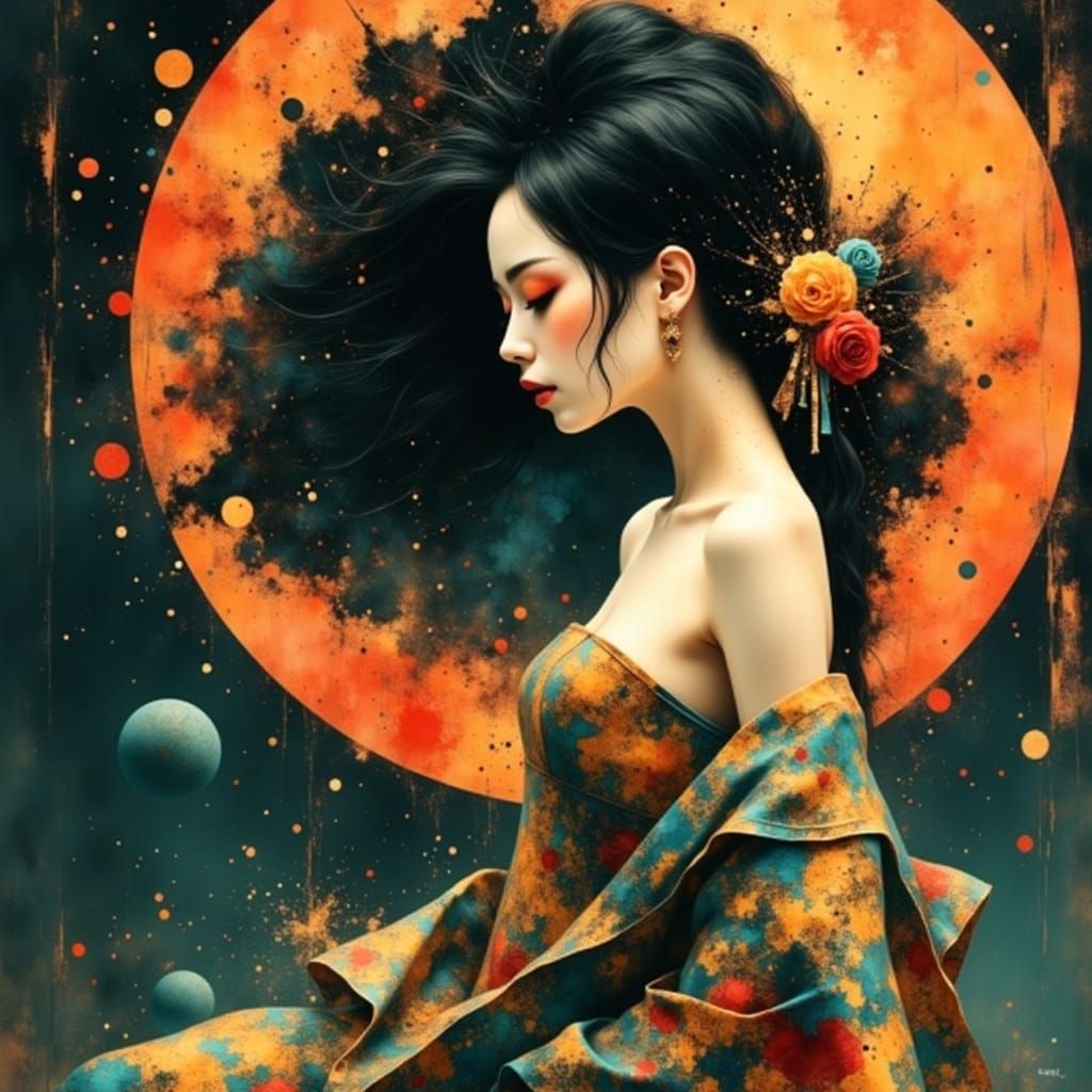 Techno Geisha in Starry Sci-Fi Sky, Ukiyo-e Style