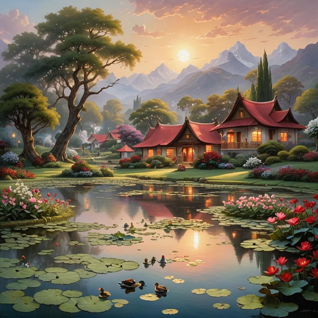 Ethereal Lotus Pond Scene in Kinkade Style