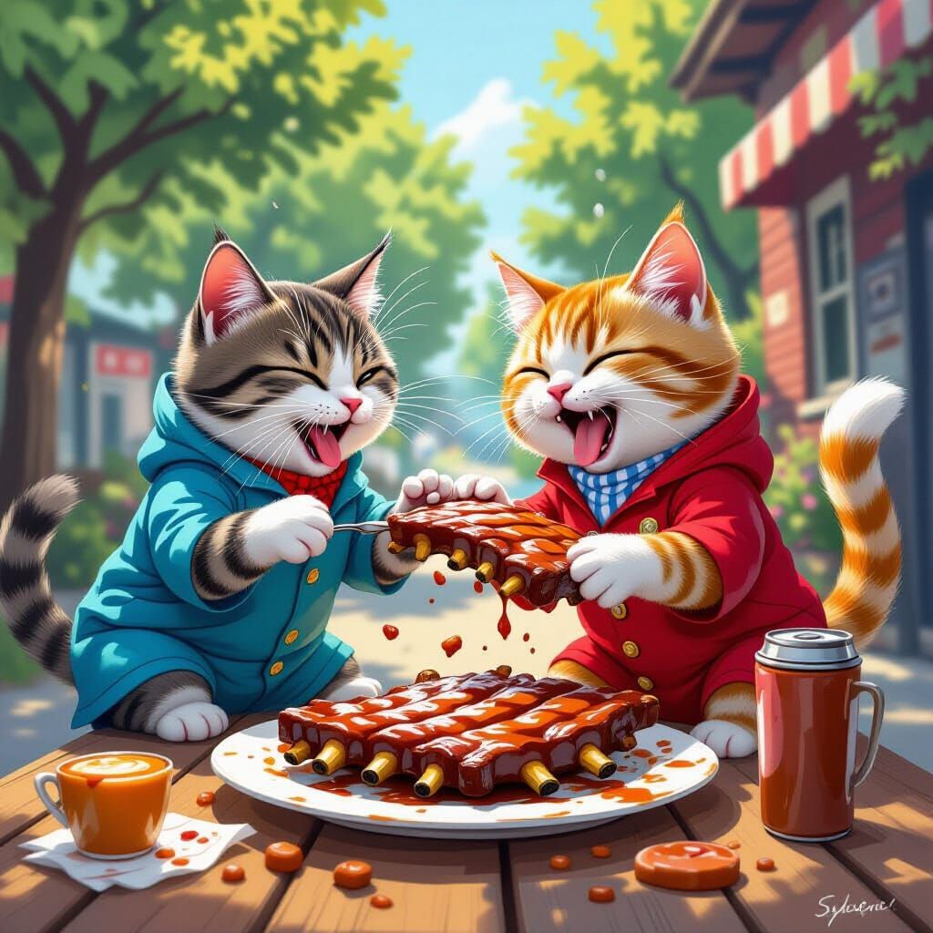 Cats Brawl Over Ribs: Comical Digital Art