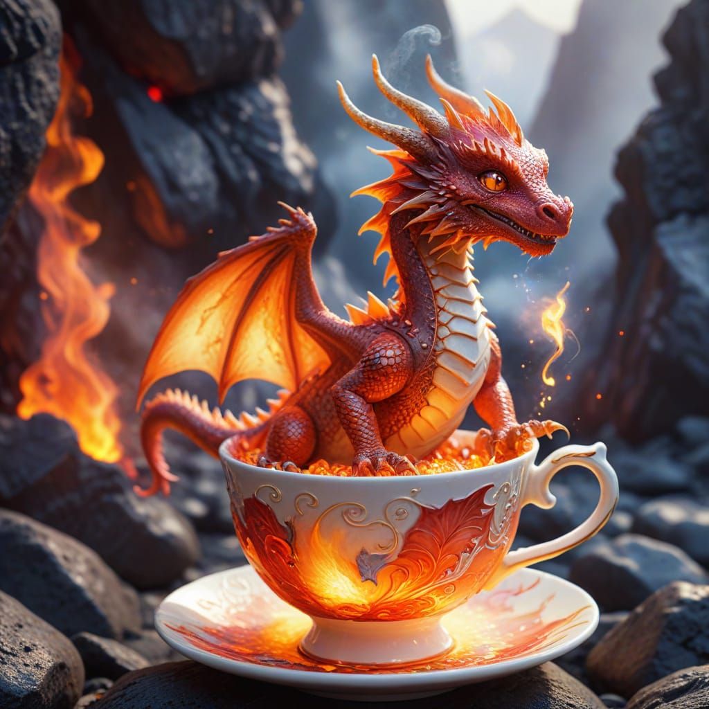 Watercolor Dragon in Flames Teacup Still Life