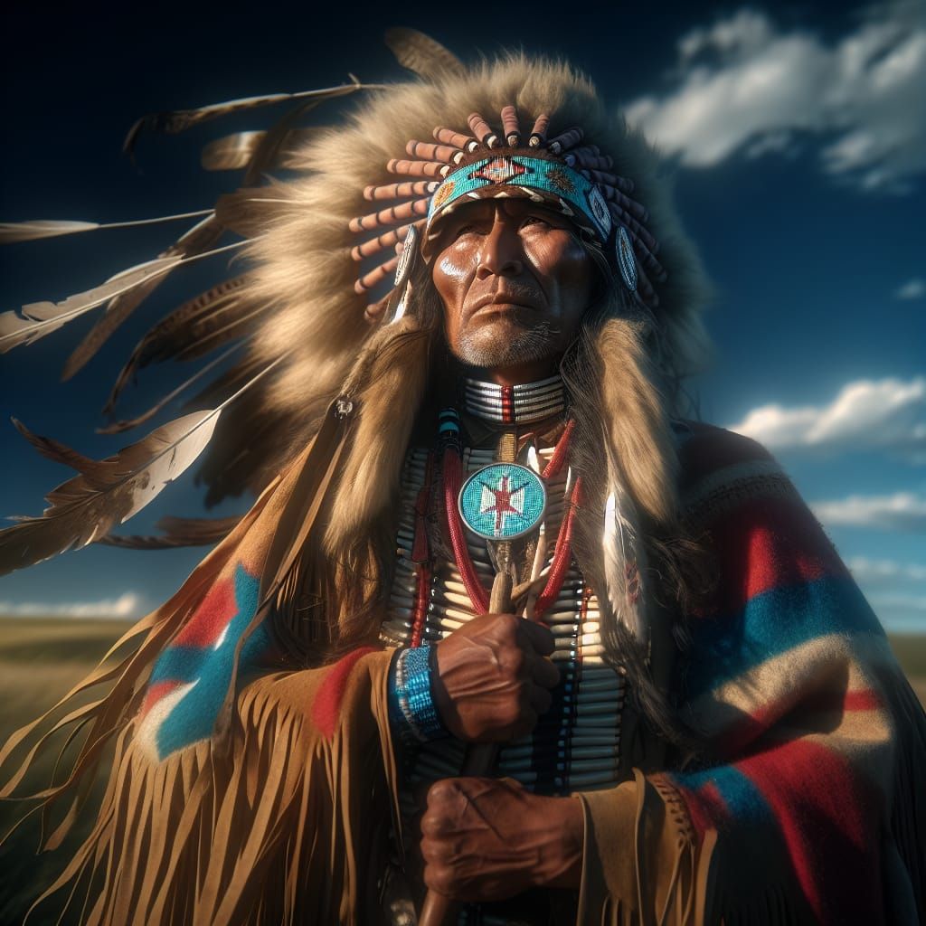 squaw Indian in traditional costume, in the Missouri plain w...