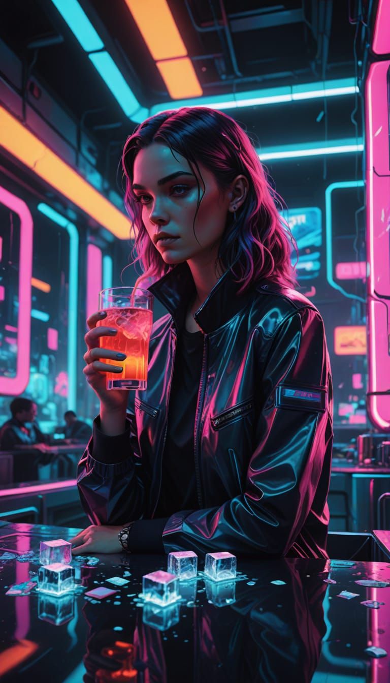 Woman in Neon-Lit Swimming Pool with Glowing Drink