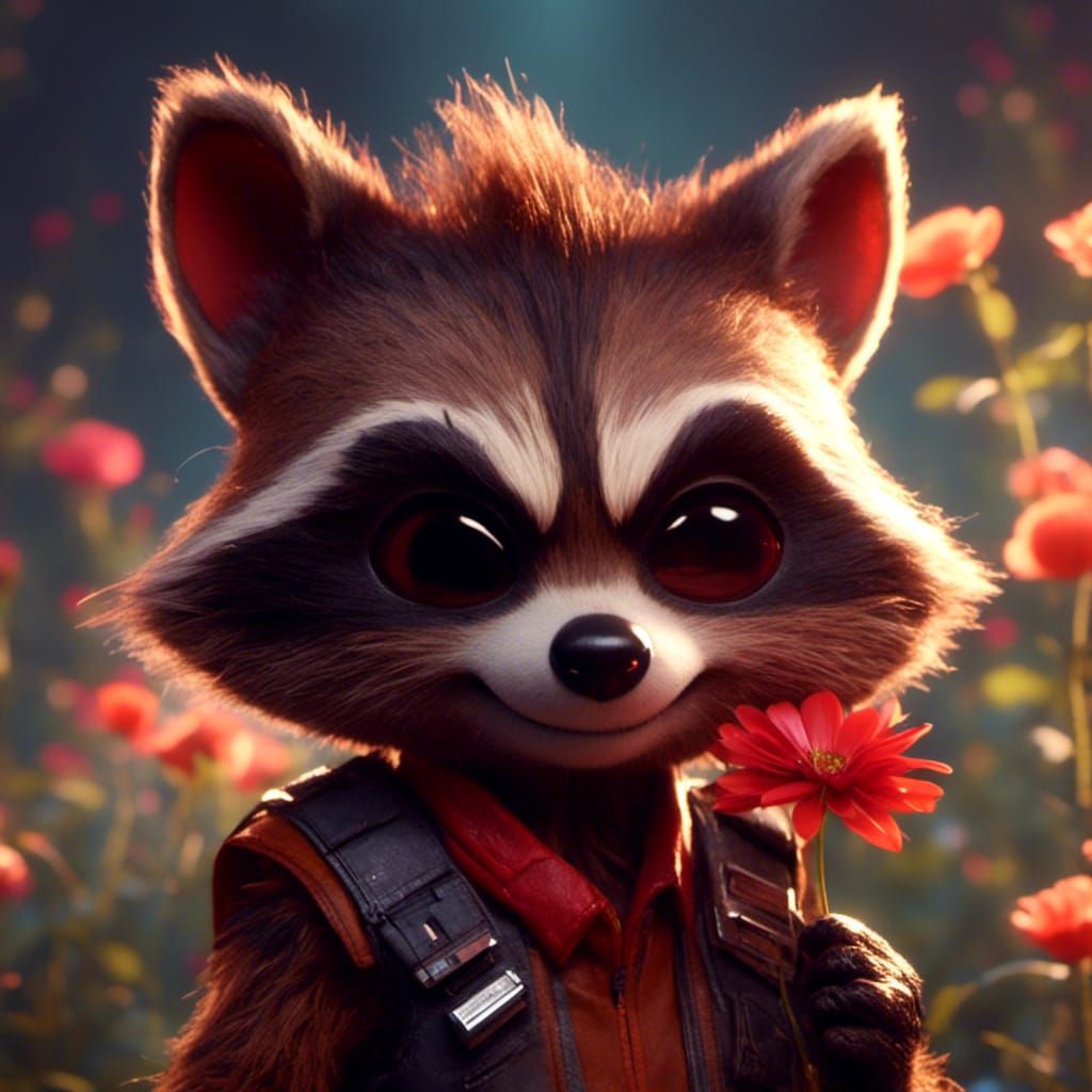 Rocket Raccoon Holding Flower in Evening Light