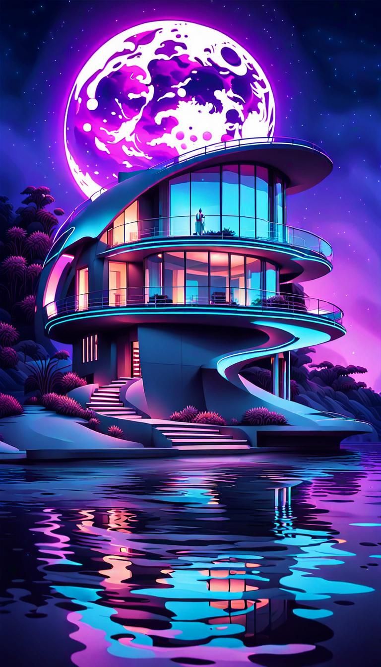 Futuristic House Under Moon in Neon-Lit Sci-Fi Art
