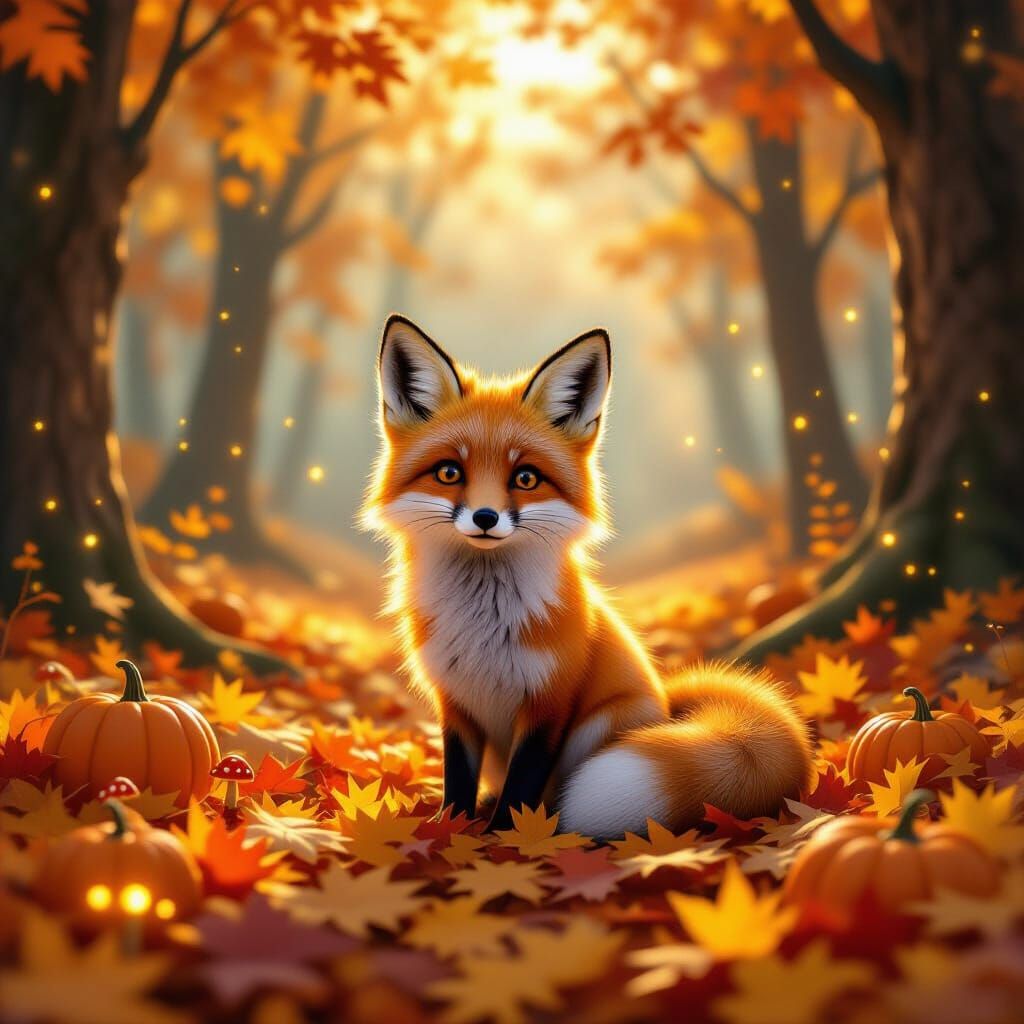 Whimsical Autumn Forest with Fox, Glowing Pumpkins, and Fire...