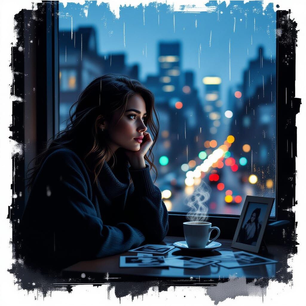 Contemplative Woman in Rainy City Apartment